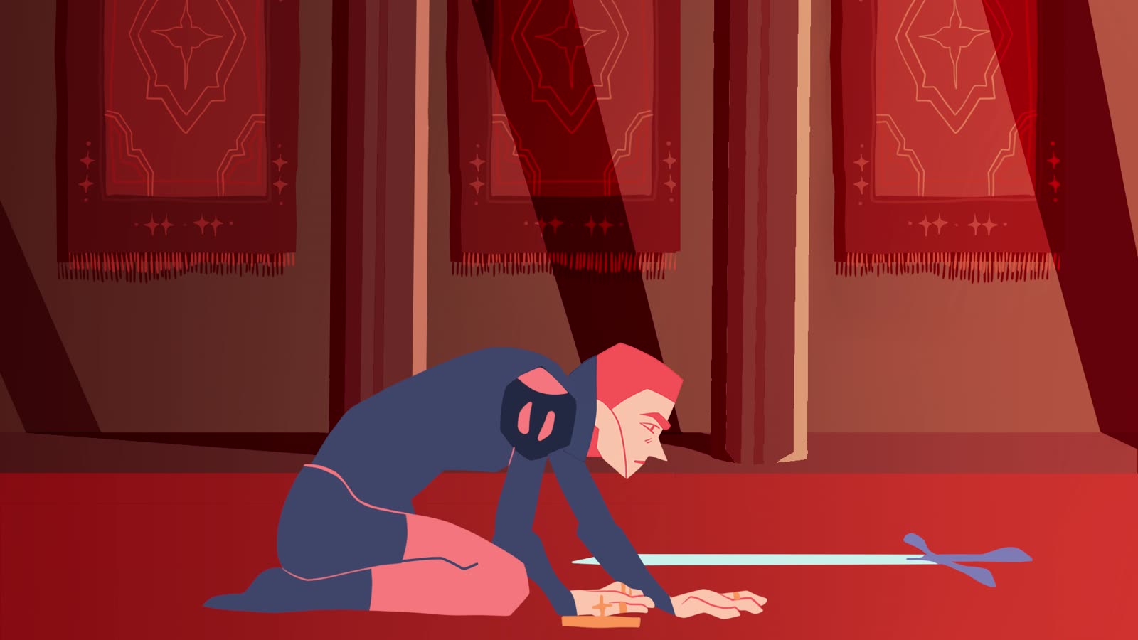 The sword lies on the floor by the bowing prince