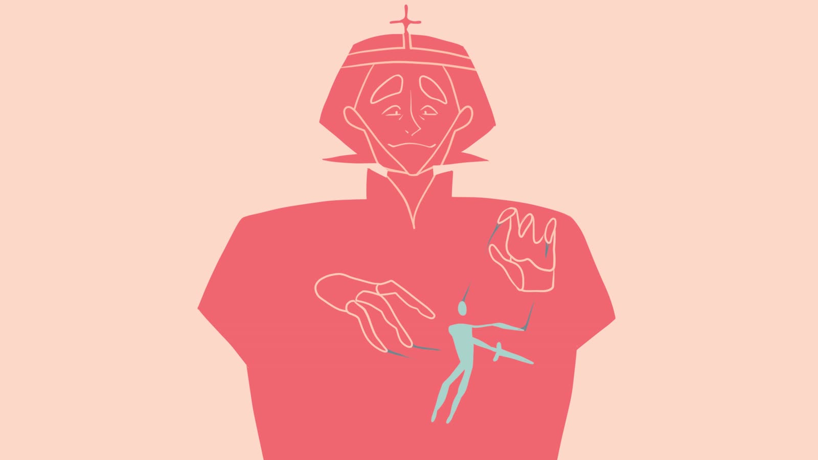 A giant figure works a small knight on strings